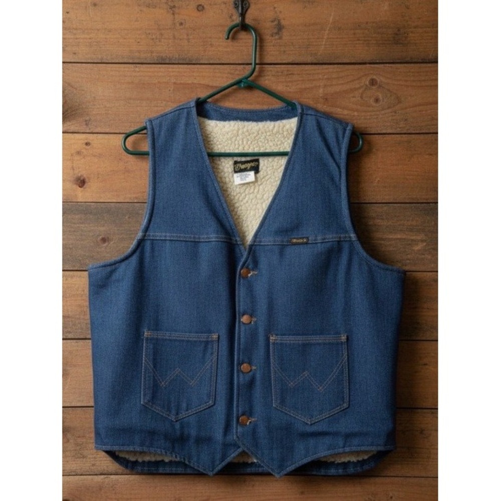 Vintage Wrangler Sherpa Lined Denim Vest Mens Large Indigo Blue Western